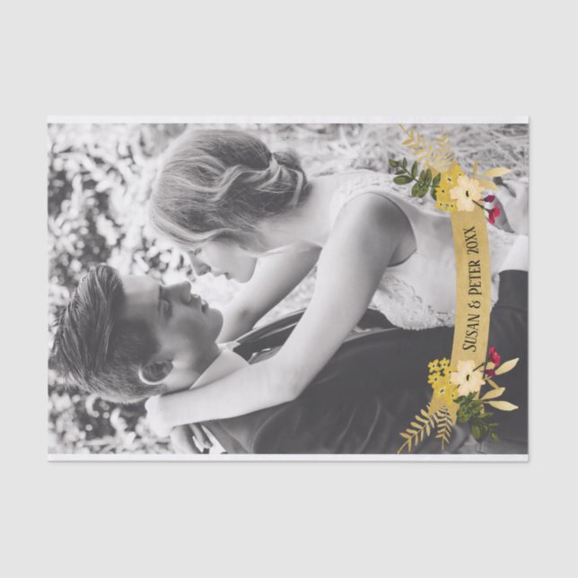 Papier Mousseline Bannière dorée avec superposition de fleurs, ajout (Recto)