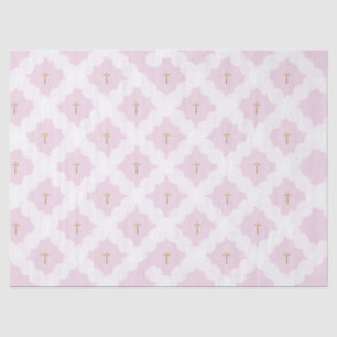 Papier Mousseline Baptême Motif de Croix d'or rose blanc