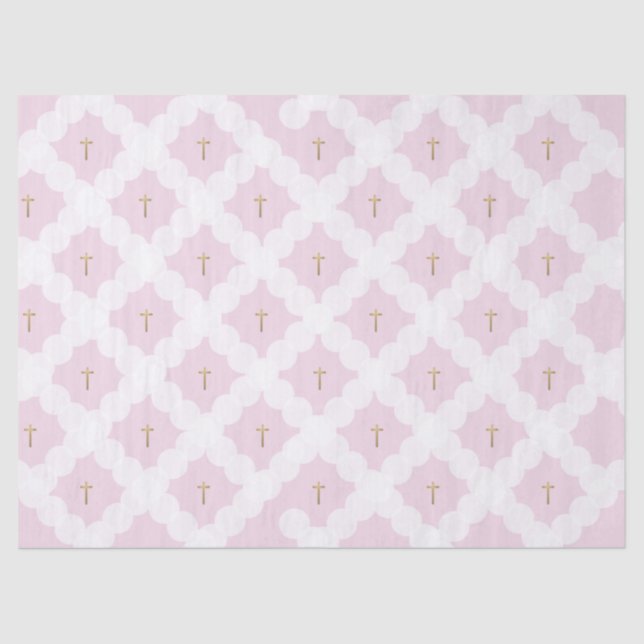Papier Mousseline Baptême Motif de Croix d'or rose blanc (Recto)