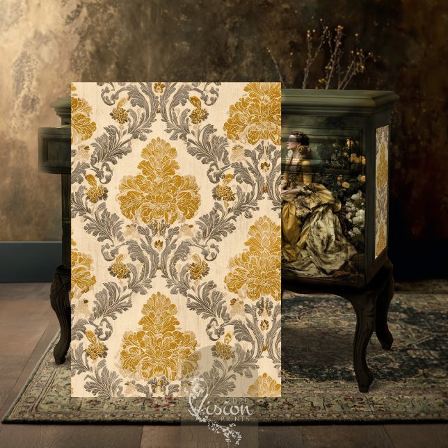 Papier Mousseline Baroque Gold Grey Damask Repeat Pattern Design (Gold grey damask print and baroque lady portrait styled on dark ornate vintage cabinet)