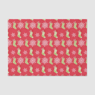 Papier Mousseline Bas de Noël verts et flocons rouges