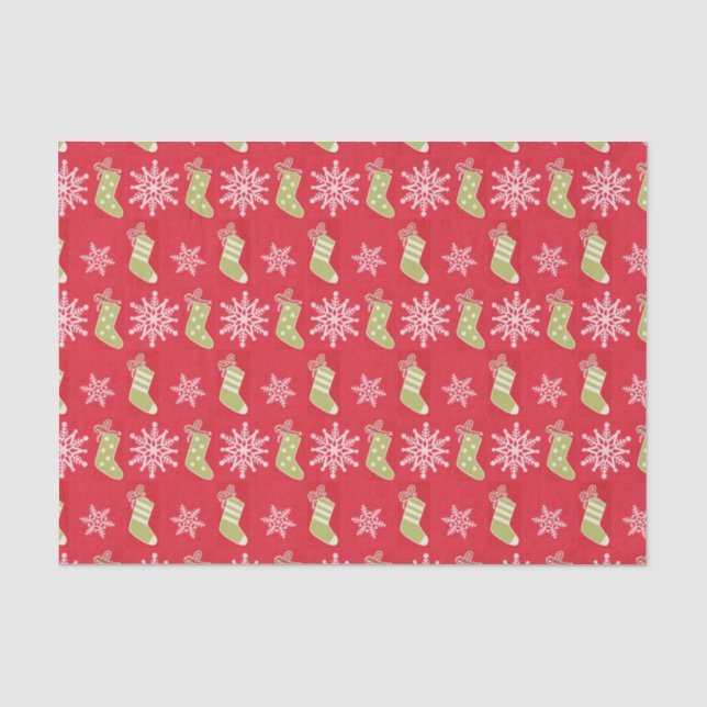 Papier Mousseline Bas de Noël verts et flocons rouges (Recto)