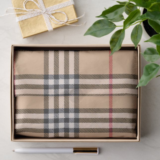 Papier Mousseline Base Chic Tan Chaud Blanc Noir Brown Tartan (Cadeau)