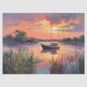 Papier Mousseline Bateau à voile Sunrise Watercolor Art