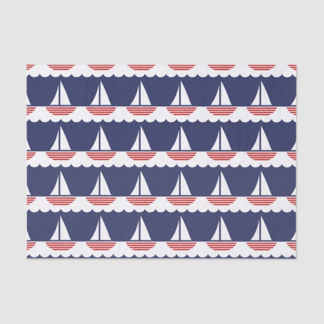 Papier Mousseline Bateau nautique Motif Marine Bleu et Rouge (Recto)