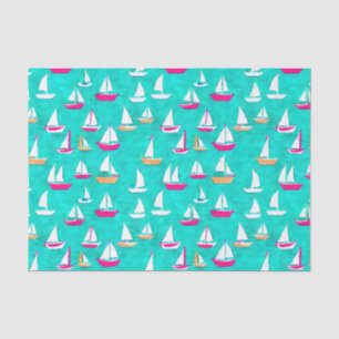Papier Mousseline Bateaux à voile Motif Rose & Aqua