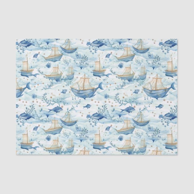 Papier Mousseline Bateaux océaniques avec découpage de baleines (Recto)