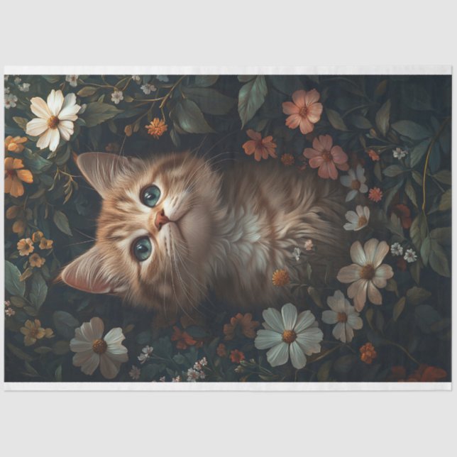 Papier Mousseline Beau chaton orange avec Découpage Fleur sauvage (Recto)