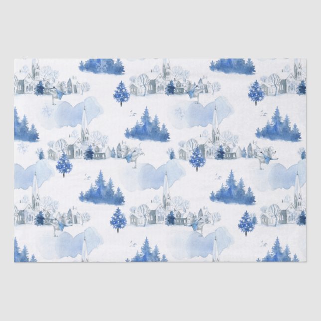 Papier Mousseline Beau Village de Souris Bleu et Blanc (Recto)