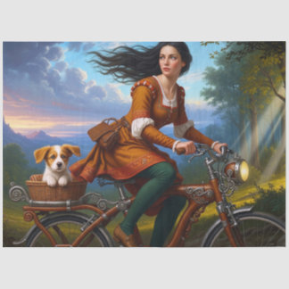Papier Mousseline Beautiful Girl With Puppy On Bicycle Decoupage