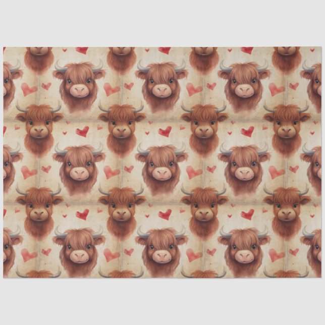 Papier Mousseline Bébé mignon Highland Cow Valentine Coeurs Motif (Recto)