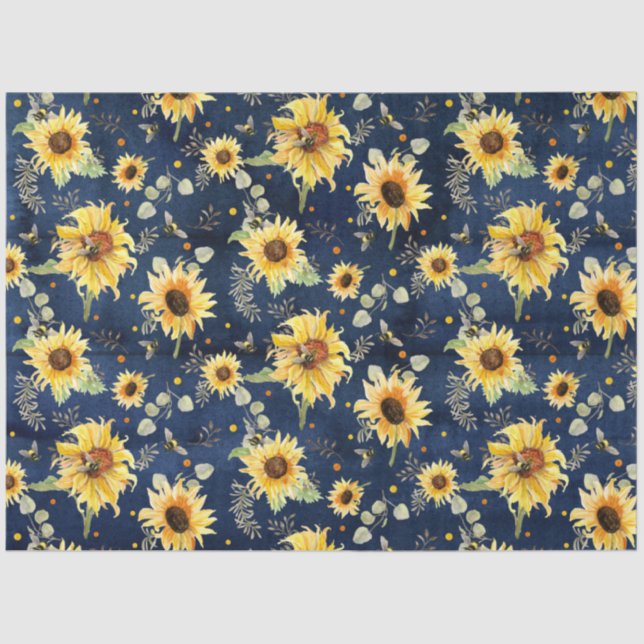 Papier Mousseline Bee w Tournesol Floral Rustique Marine Bois Découp (Recto)