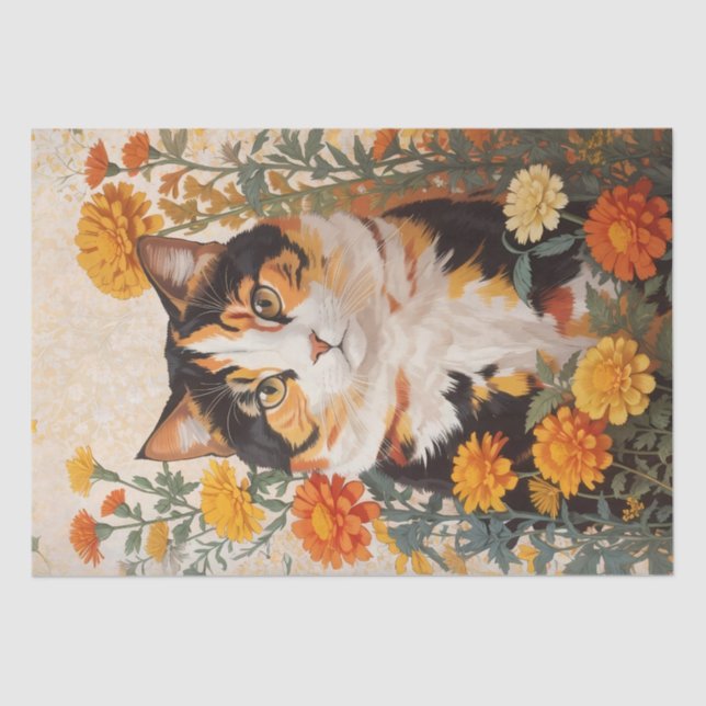Papier Mousseline Belle Chat Calico Avec Fleurs Marigold (Recto)