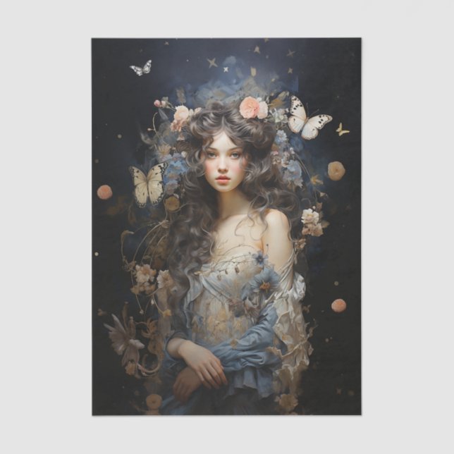 Papier Mousseline Belle femme en robe Vintage avec papillons (Recto)