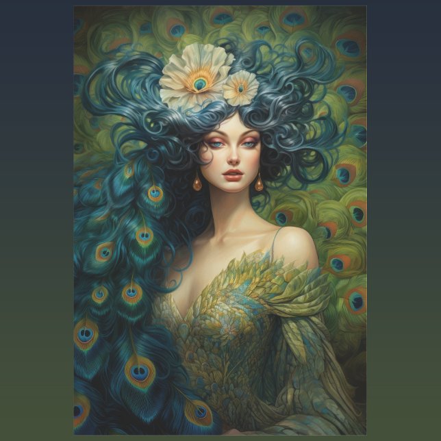 Papier Mousseline Belle femme entourée de plumes de paon (Créateur téléchargé)