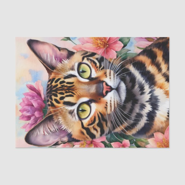 Papier Mousseline Bengale Chat Floral Portrait Art (Recto)