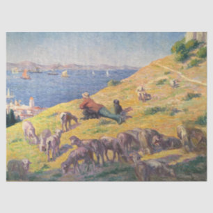 Papier Mousseline Berger avec son mouton regardant la mer