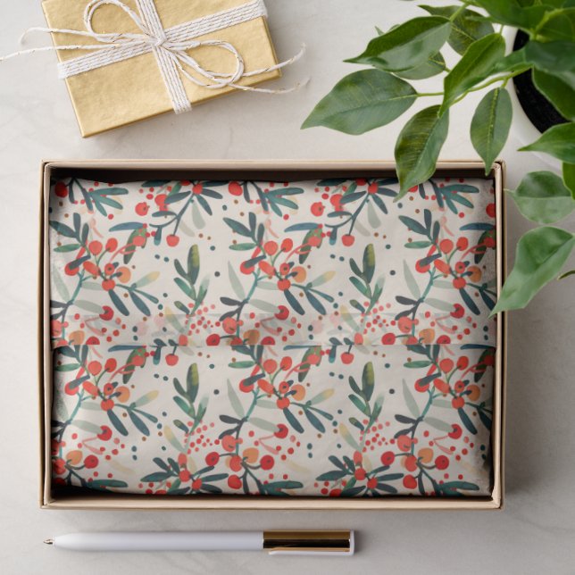 Papier Mousseline Berries de Noël Rouge moderne (Cadeau)