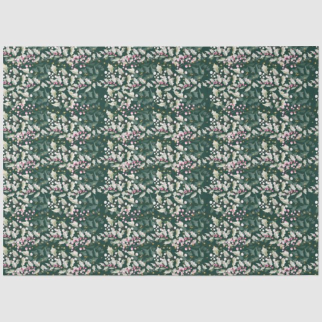Papier Mousseline Berries et feuillages roses Holly sur vert foncé (Recto)
