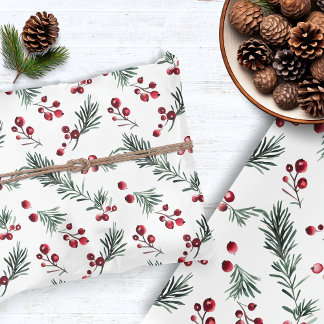 Papier Mousseline Berry Russe Watercolor Pine Branch