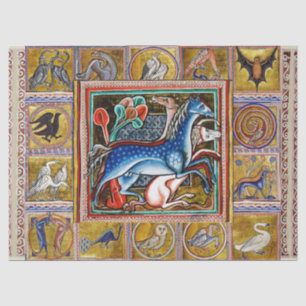 PAPIER MOUSSELINE BESTIAIRE MÉDIÉVAL, CHEVAUX, ANIMAUX FORESTIERS