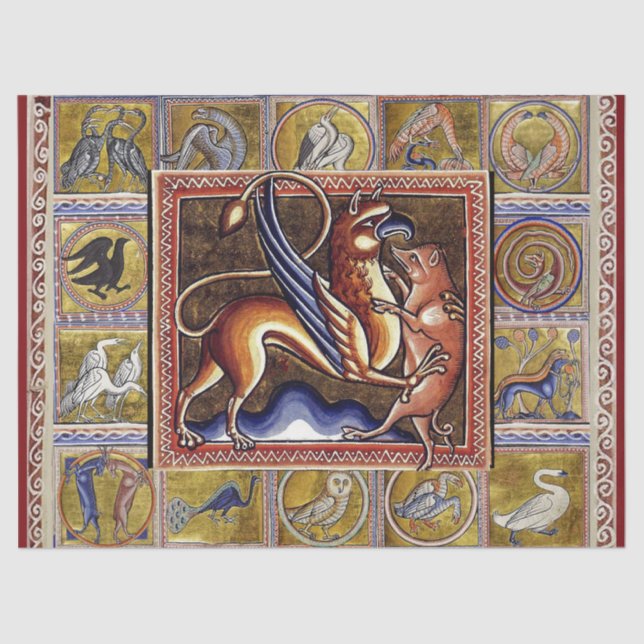PAPIER MOUSSELINE BESTIAIRE MÉDIÉVAL, GRIFFIN ET GARDE SAUVAGE, ANIM (Recto)