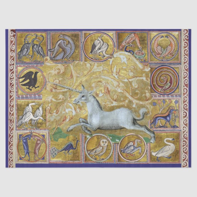 PAPIER MOUSSELINE BESTIAIRE MÉDIÉVAL LARGE, UNICORN EXÉCUTÉ, ANIMAUX (Recto)