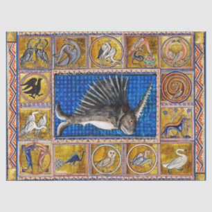 PAPIER MOUSSELINE BESTIAIRE MÉDIÉVAL, POISSON UNICORNE, ANIMAUX FANT