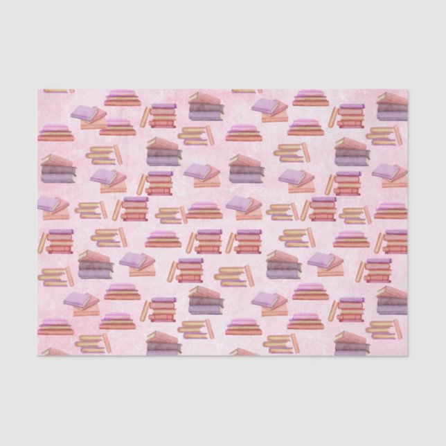 Papier Mousseline Bibliothèque motif de livres d'aquarelle rose et v (Recto)