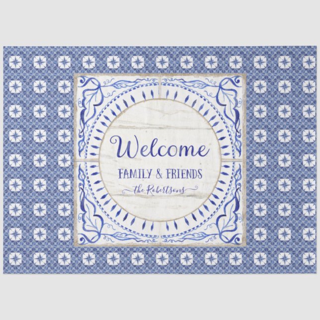 Papier Mousseline Bienvenue Farmhouse Tile Bleu Blanc Famille Découp (Recto)