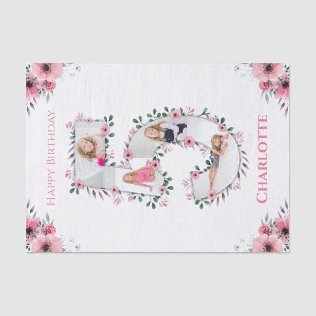 Papier Mousseline Big 5th Birthday Girl Photo Collage Fleur rose (Recto)