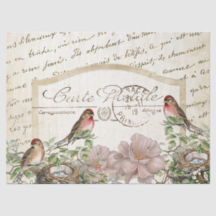 Papier Mousseline Bird Nest Gold Floral Carte Postale Script Françai