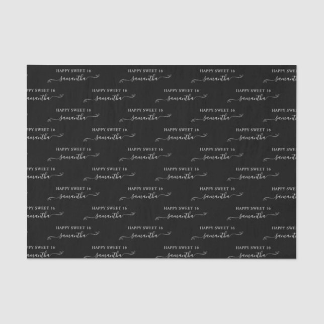 Papier Mousseline Black and White Happy Sweet 16 Cute Bow Nom (Recto)