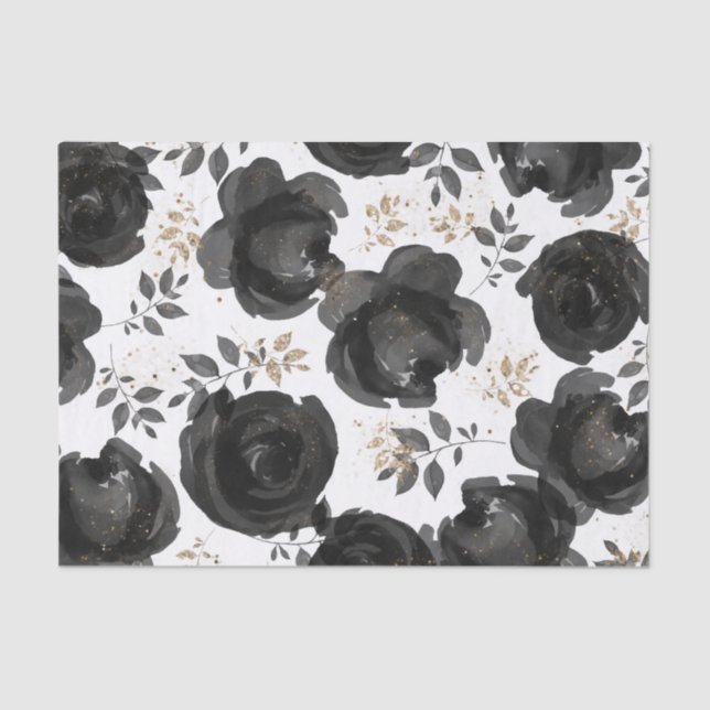 Papier Mousseline Black Gold Floral Glam Feuille Mariage (Recto)