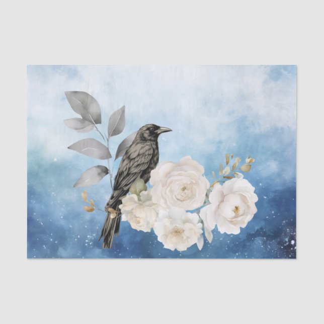 Papier Mousseline Black Raven White Flowers Blue Background (Recto)