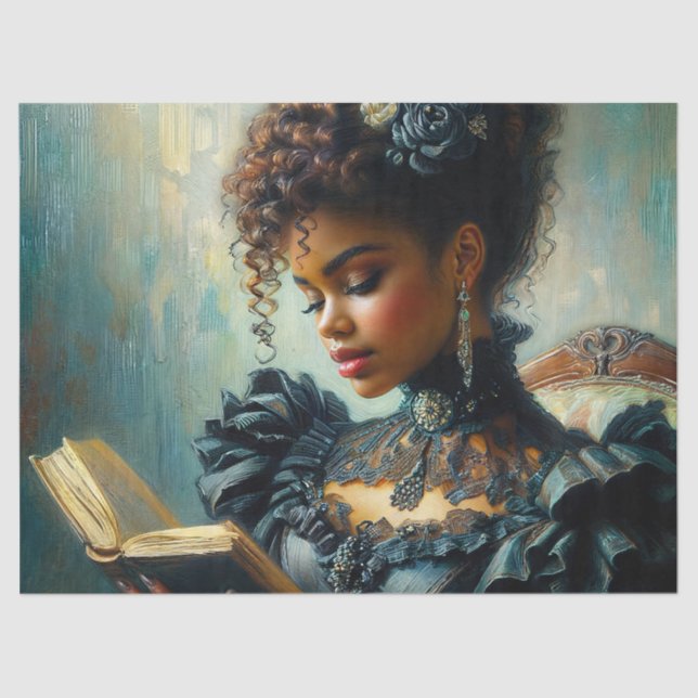Papier Mousseline Black Woman Reading Vintage Painting (Recto)