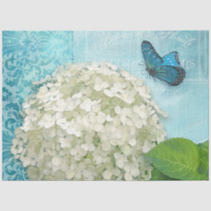 Papier Mousseline Blanc Hydrangea Blue Floral Butterfly Vintage Art 