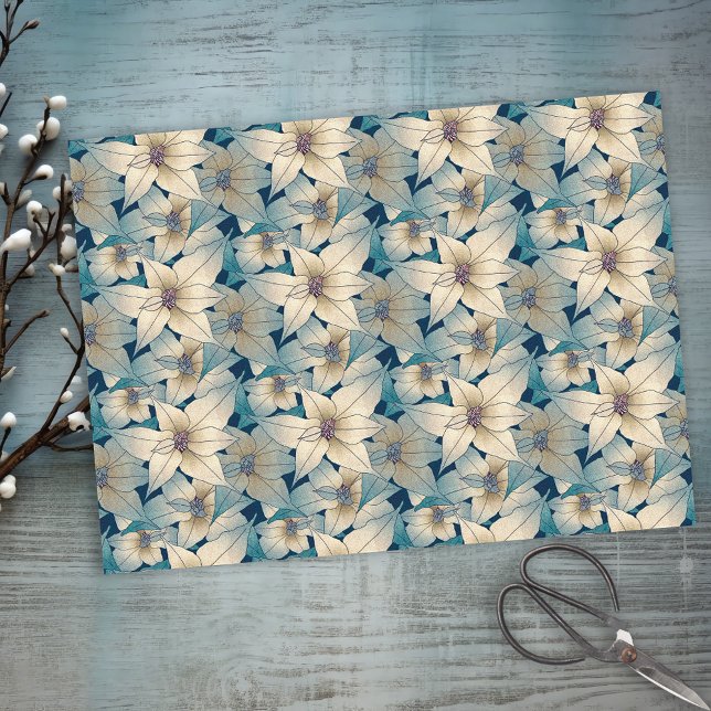 Papier Mousseline Blanc moderne Poinsettia Motif bleu de Noël (Créateur téléchargé)