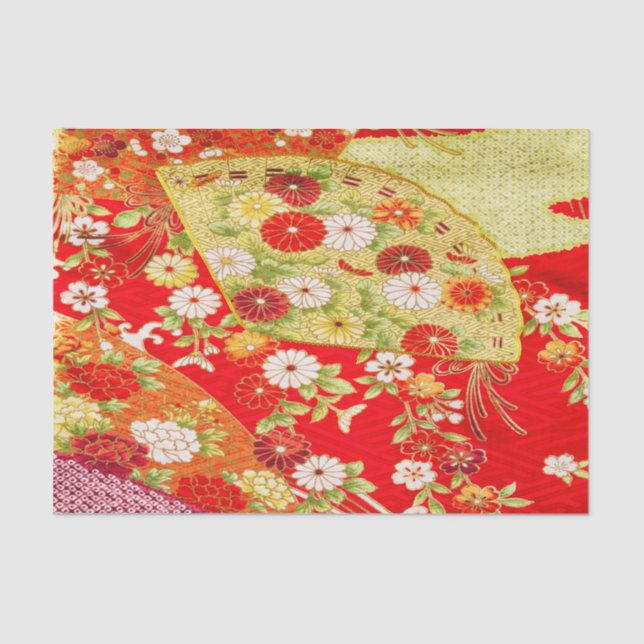 Papier Mousseline Blanc Or Rouge Japonais Kimono Floral Découpage (Recto)