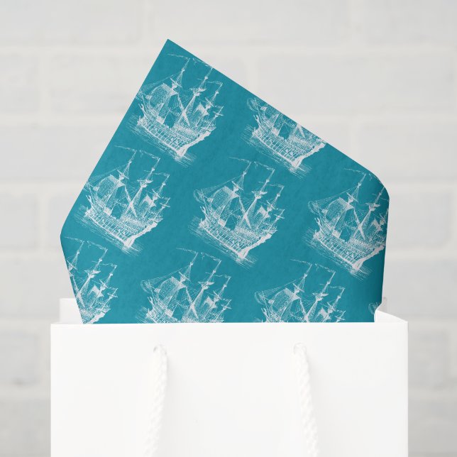 Papier Mousseline Blanc sur Turquoise Vent Motif bateau à voile (Sac cadeau)