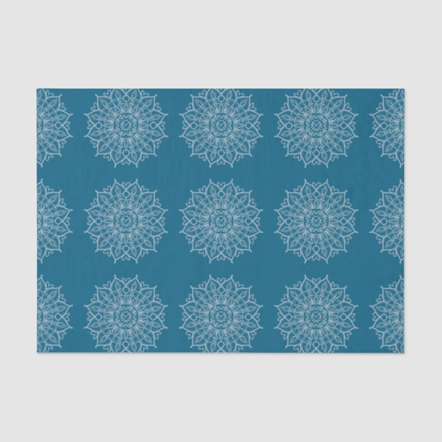 Papier Mousseline Blanc Turquoise bleu moderne Mandala Boho Découpag (Recto)