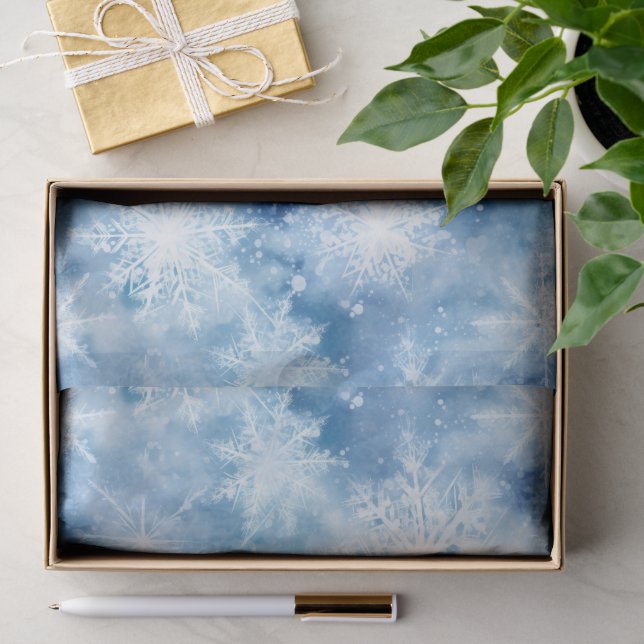 Papier Mousseline Bleu avec des flocons de neige Style aquarelle (Cadeau)