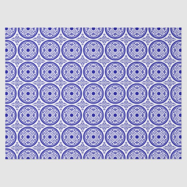 Papier Mousseline Bleu blanc Motif carrelage gothique (Recto)