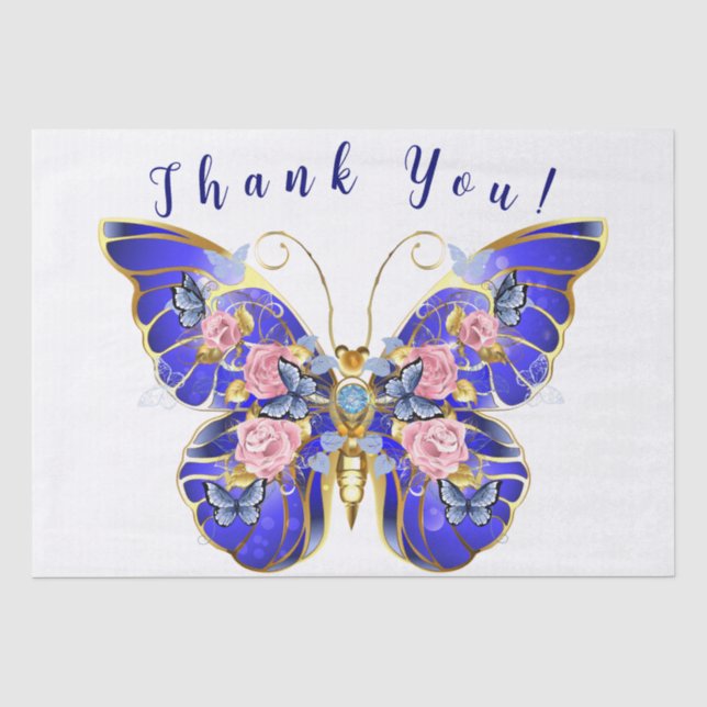 Papier Mousseline Bleu bleu rose or papillon Merci Floral (Recto)