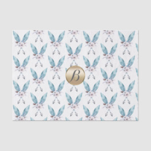 Papier Mousseline Bleu Boho Bohème Plume Monogramme Personnalisé