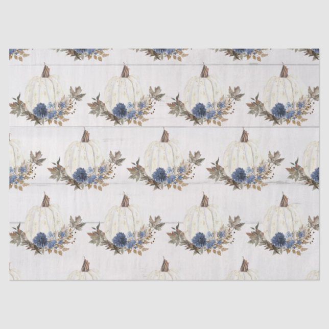 Papier Mousseline Bleu Citrouille blanc Floral w Feuilles d'automne  (Recto)