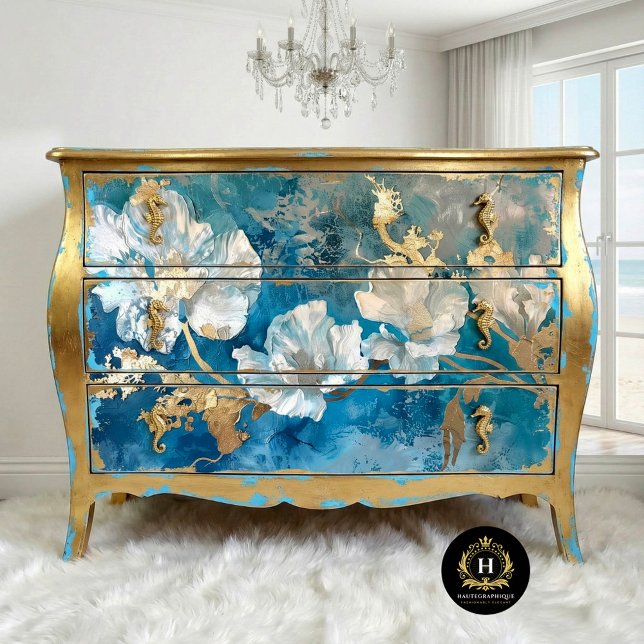 Papier Mousseline Bleu côtier et or algues florales (Créateur téléchargé)