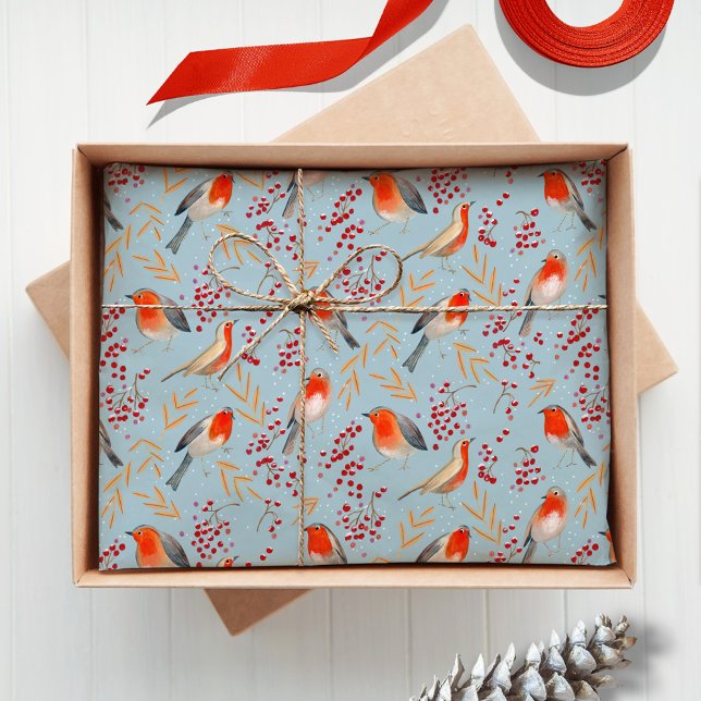 Papier Mousseline Bleu d'oiseau mignon Robin hiver Motif de Noël (Cute Bird Blue Robin Winter Christmas Pattern Tissue Paper)