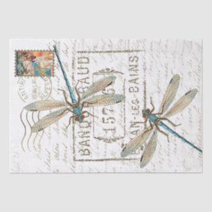 Papier Mousseline Bleu Dragonfly French Script Postmark Decoupage