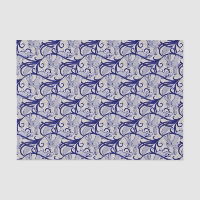 Papier Mousseline Bleu et blanc Art déco Lapin Carrelage Cadeau (Recto)